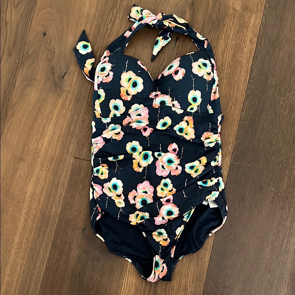 Seafolly Navy Blue Printed Ruched Push Up One Piece Swimsuit Halter Style